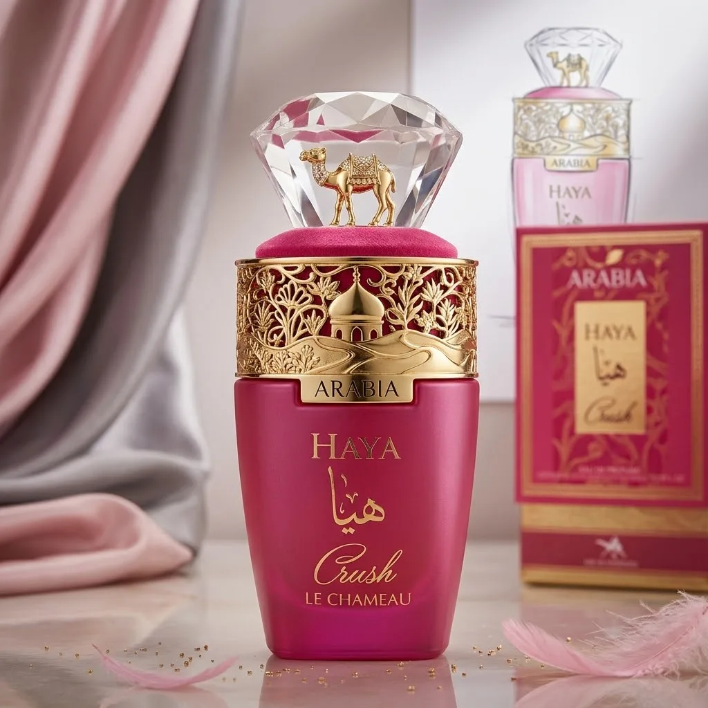 عطر Haya Crush Le Chameau بغطاء كريستال وجمل ذهبي